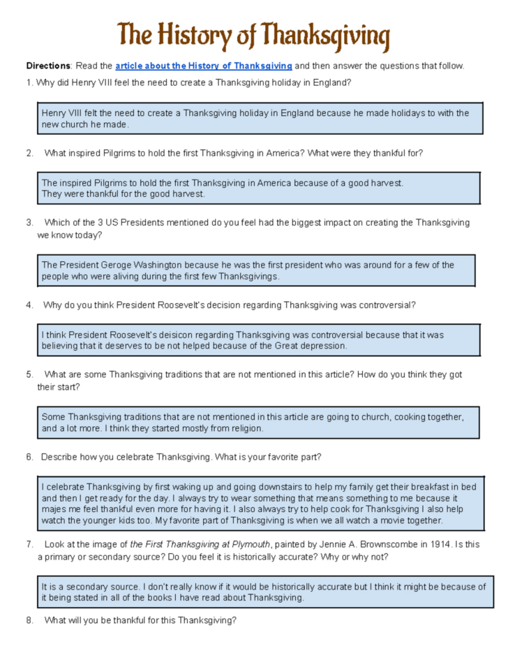 The History of Thanksgiving Worksheet Answers
