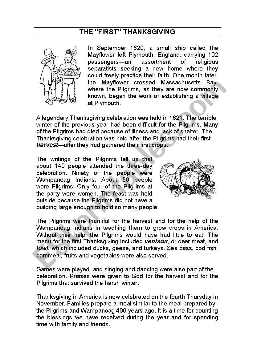 Thanksgiving History Reading Worksheet - Esl Worksheetelena_Rh inside The Real Story of Thanksgiving History Channel Worksheet Answers