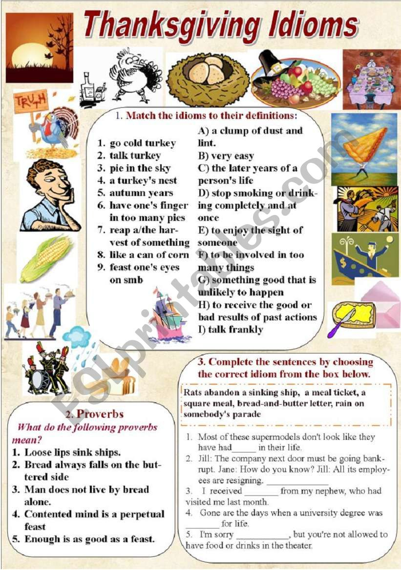 Thanksgiving Idioms And Proverbs (With Keys) - Esl Worksheet with regard to Thanksgiving Idioms Worksheet