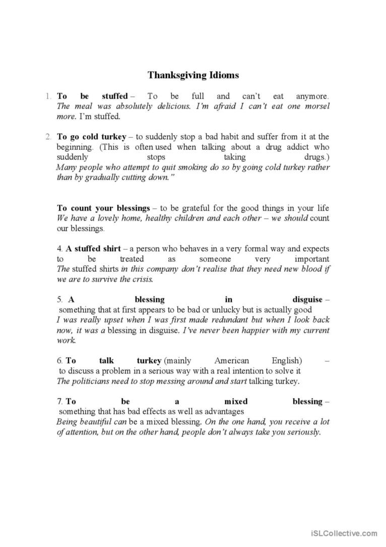 Thanksgiving Idioms: English Esl Worksheets Pdf &amp;amp; Doc for Thanksgiving Idioms Worksheet