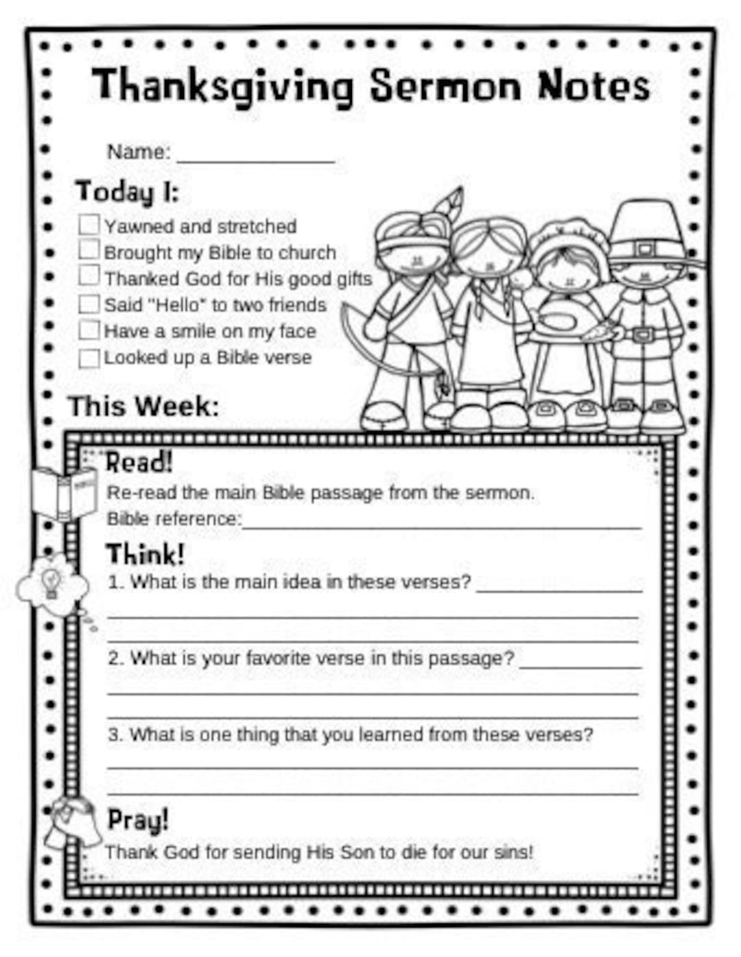 Thanksgiving Kids Sermon Notes, Fall Harvest Bible Study, Kids for Religious Thanksgiving Worksheets