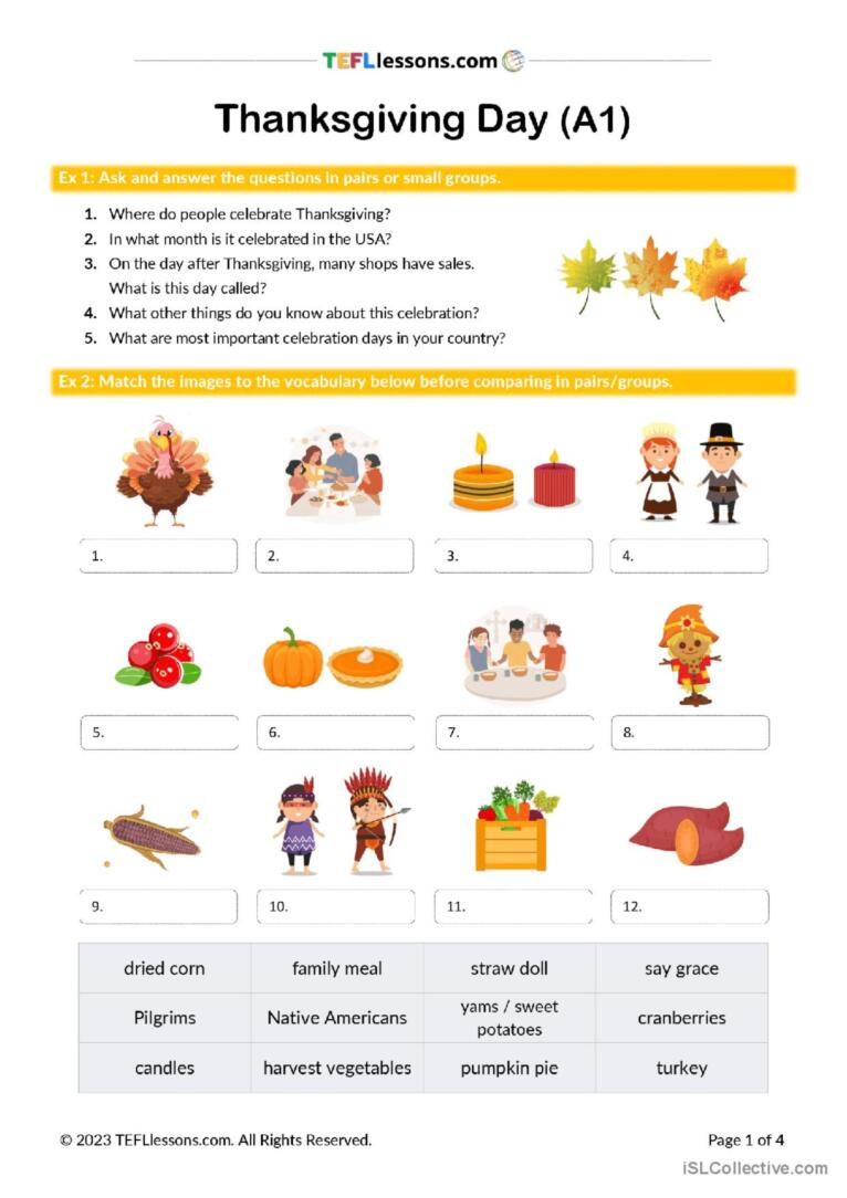Thanksgiving Lesson (A1 Level) Gener…: English Esl Worksheets Pdf throughout Thanksgiving Esl Worksheets