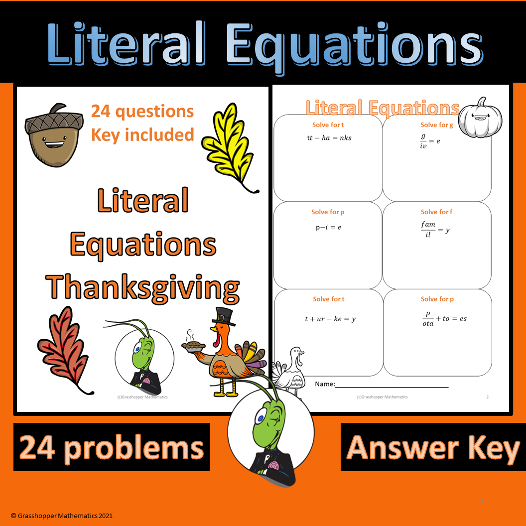 Thanksgiving Literal Equations | Madeteachers in Thanksgiving Solving Equations Worksheets