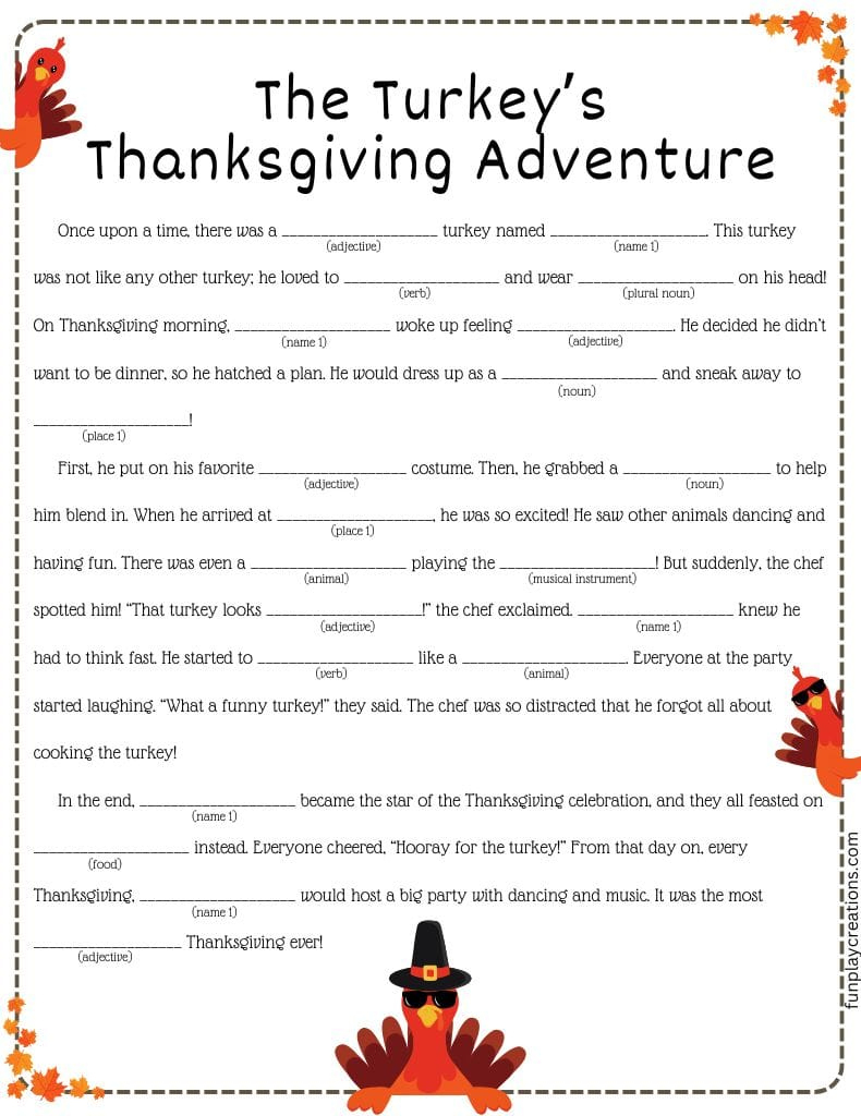 Thanksgiving Mad Libs Printables within Thanksgiving Mad Libs Worksheets