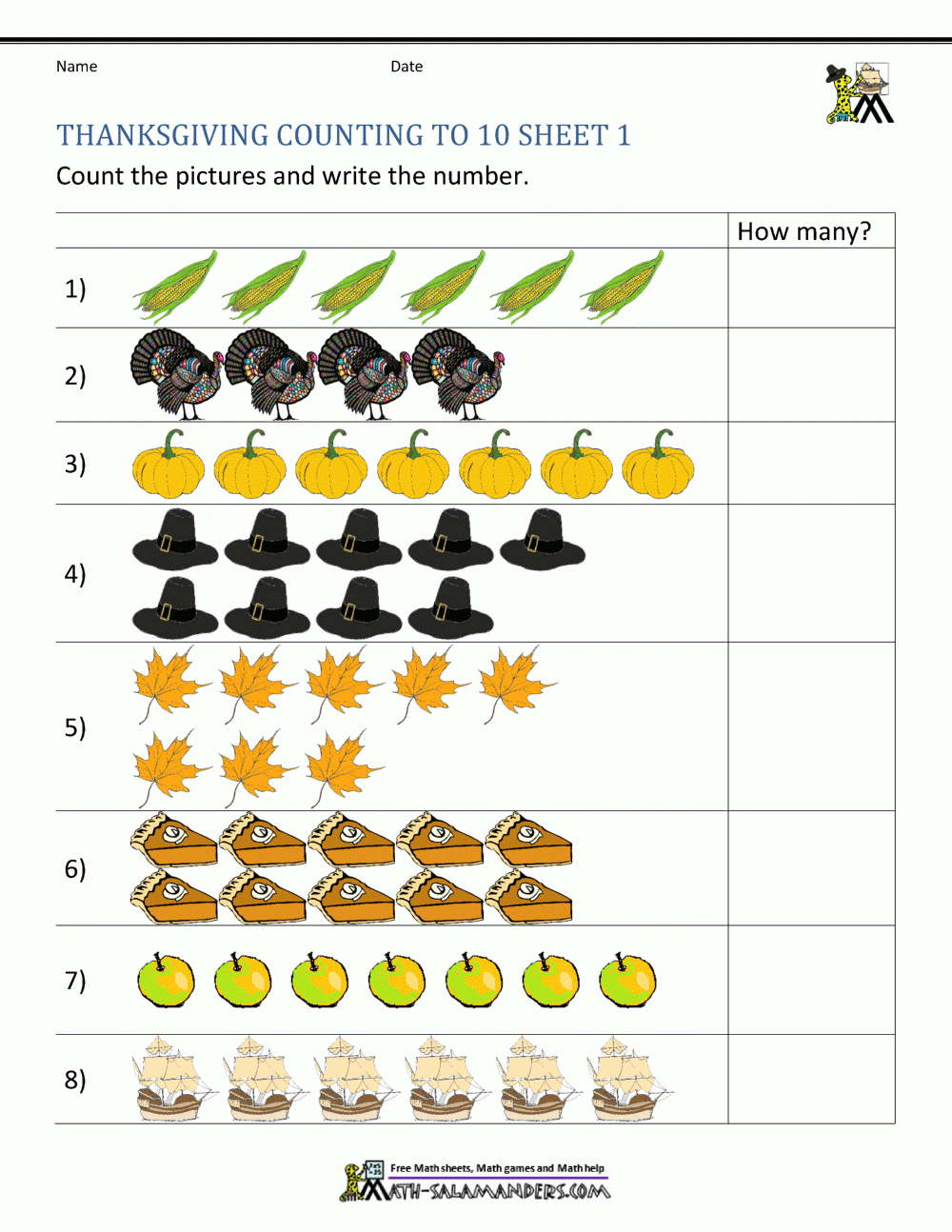 Thanksgiving Math Activities For Kindergarten with Thanksgiving Counting Worksheets
