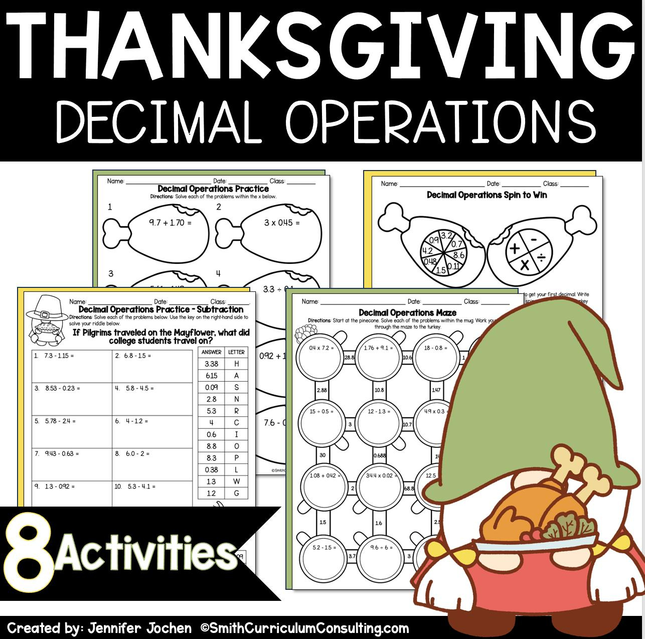 Thanksgiving Math: Decimal Operations Practice (Printable) - Etsy in Thanksgiving Decimal Worksheets