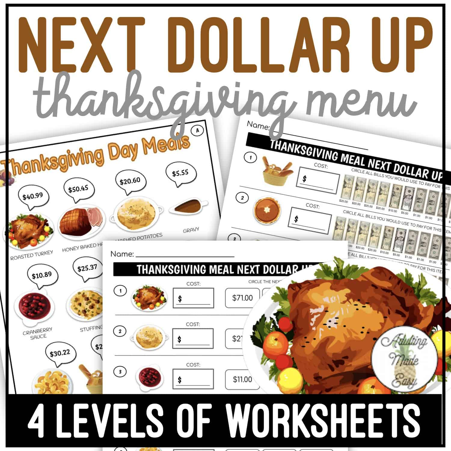 Thanksgiving Menu Next Dollar Up Worksheets in Thanksgiving Menu Math Worksheets