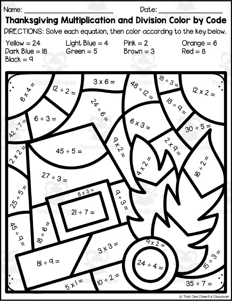 Thanksgiving Multiplication + Division Colorcode inside Division Thanksgiving Worksheets