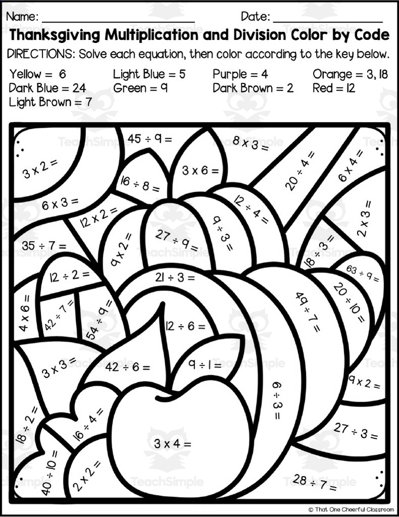 Thanksgiving Multiplication + Division Colorcode throughout Thanksgiving Multiplication Worksheets Coloring