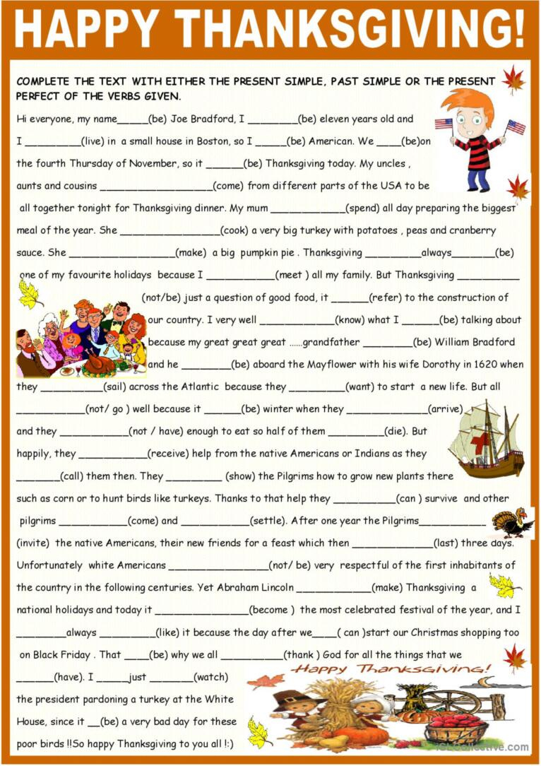 Thanksgiving, Past Present And Prese…: English Esl Worksheets Pdf throughout Thanksgiving Grammar Worksheets