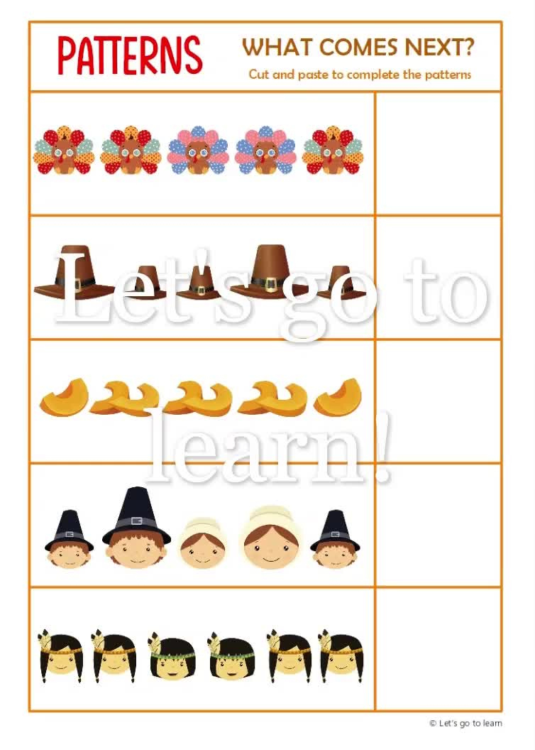 Thanksgiving Pattern Worksheets - What Comes Next Activity - Preschool &amp;amp;  Kindergarten - Homeschool - Busy Book Pages - Educational Printable within Thanksgiving Pattern Worksheets For Preschoolers