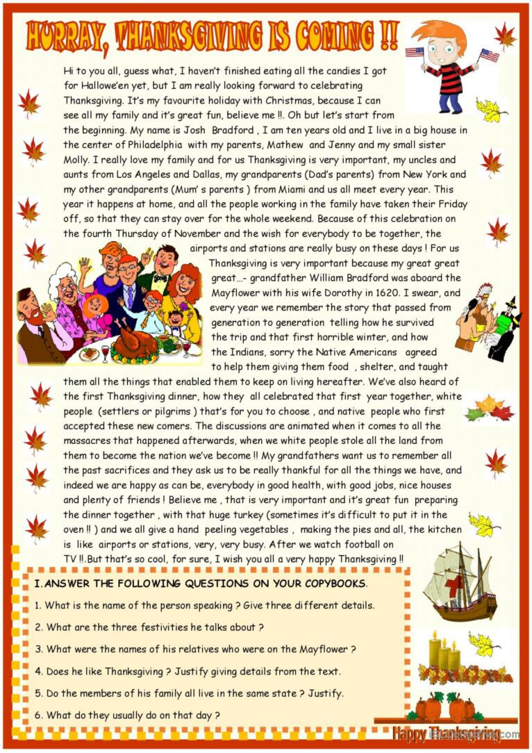 Thanksgiving : Reading Comprehension…: English Esl Worksheets Pdf in Free Thanksgiving Comprehension Worksheets