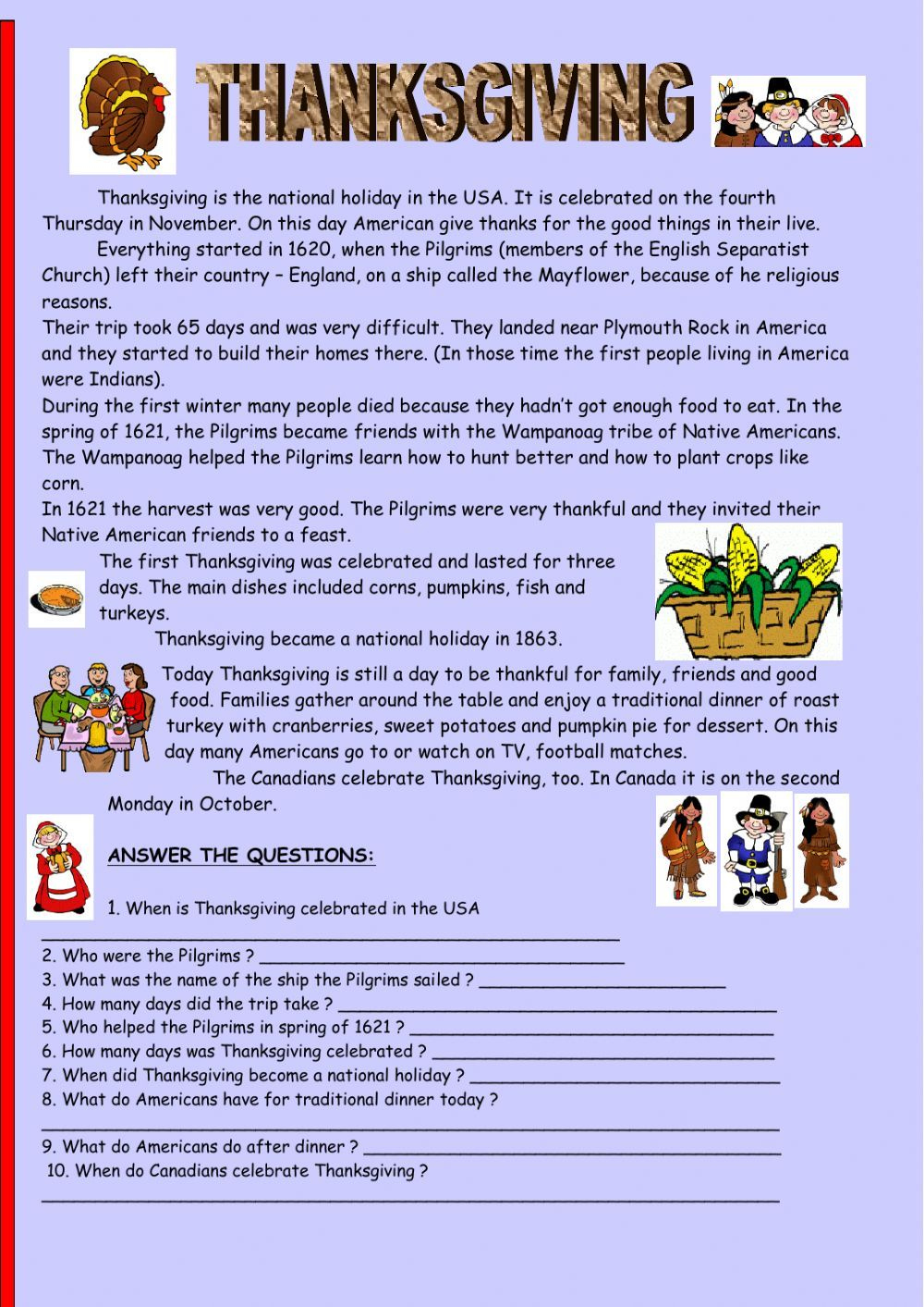 Thanksgiving Reading Comprehension Worksheet intended for Thanksgiving Worksheets Reading
