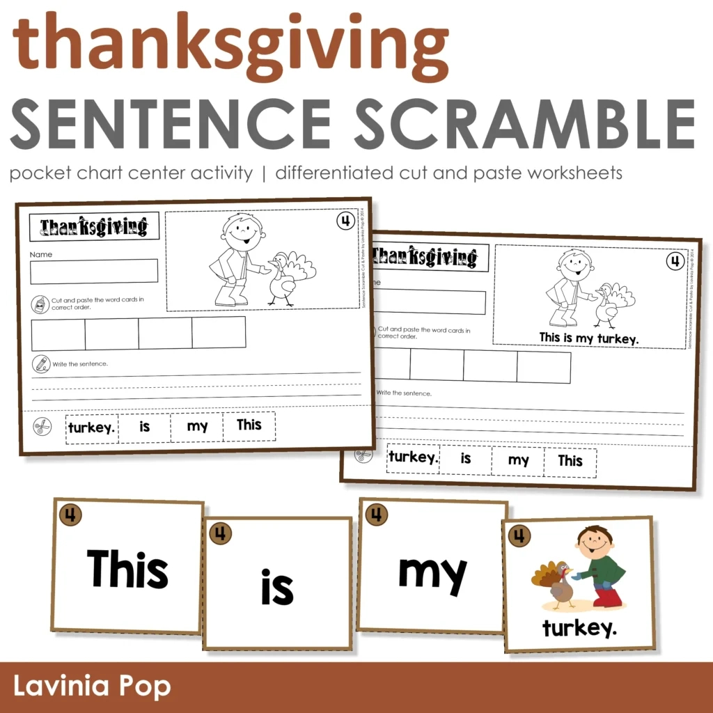 Thanksgiving Sentence Scramble With Cut And Paste Worksheets - In for Cut and Paste Thanksgiving Worksheets