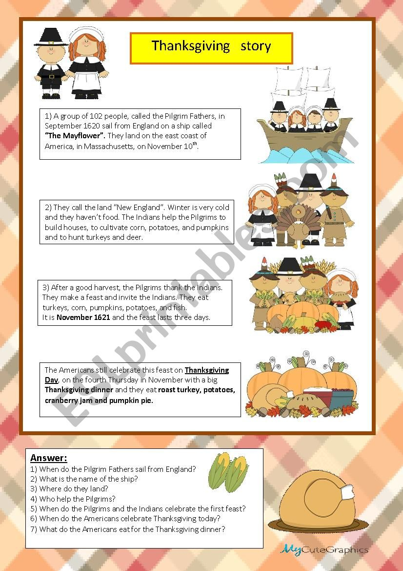 Thanksgiving Story - Esl Worksheetmaestralidia with regard to Thanksgiving History Worksheets