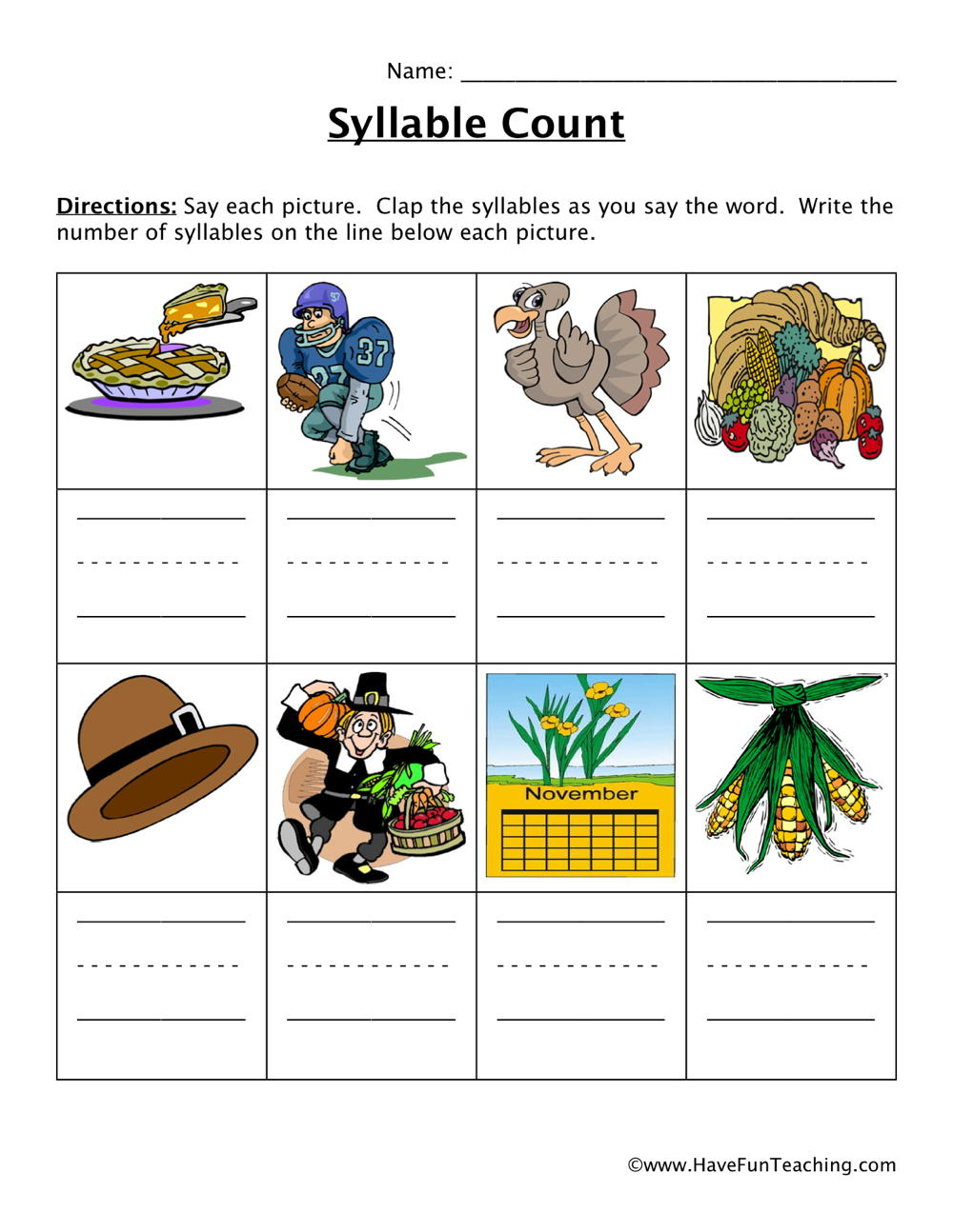 Thanksgiving Syllables Worksheet - Have Fun Teaching intended for Thanksgiving Syllables Worksheet