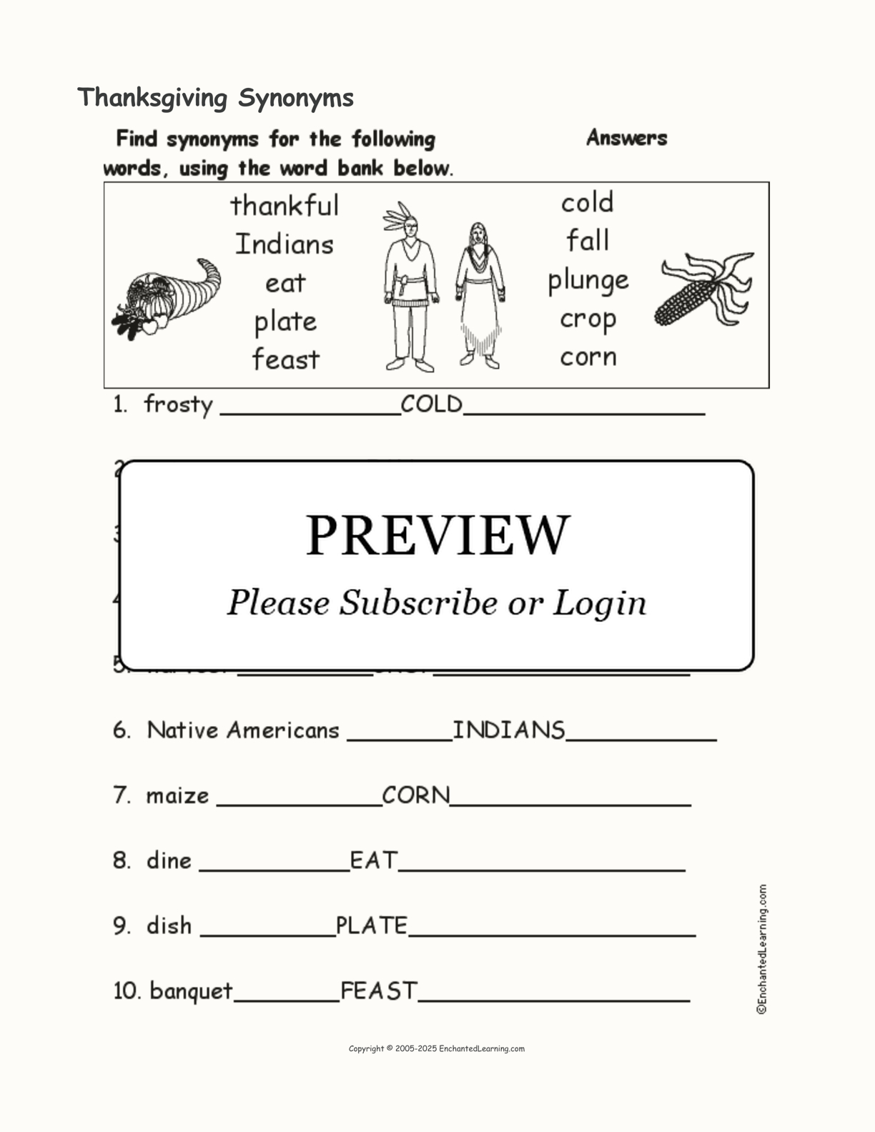 Thanksgiving Synonyms - Enchanted Learning for Thanksgiving Synonyms Worksheet