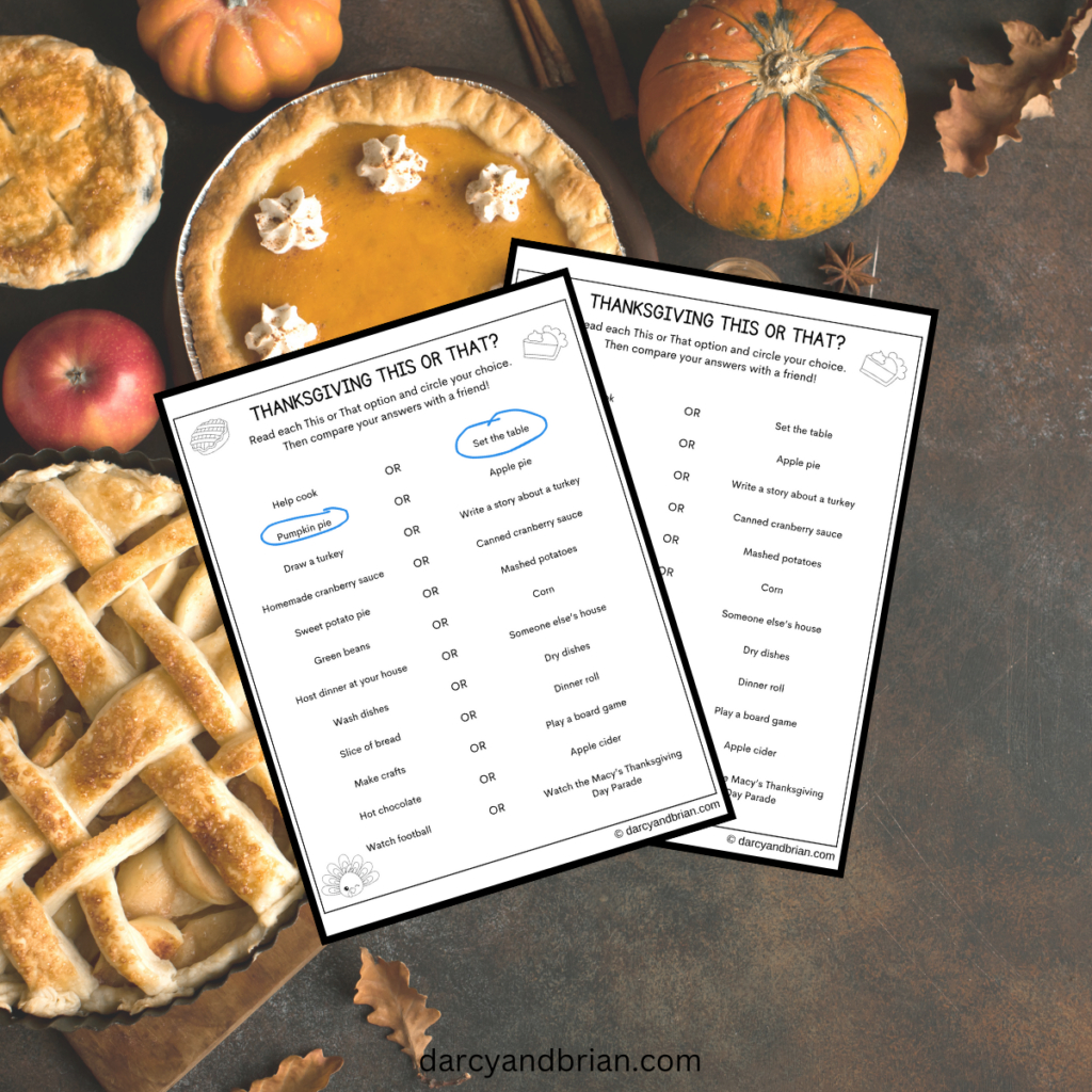 Thanksgiving This Or That Questions Printable Worksheet For Kids with regard to Thanksgiving And The Pumpkin Pie Worksheet