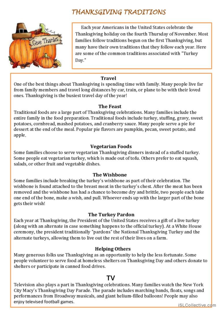 Thanksgiving Traditions Reading For…: English Esl Worksheets Pdf &amp;amp; Doc inside Thanksgiving Traditions Worksheet