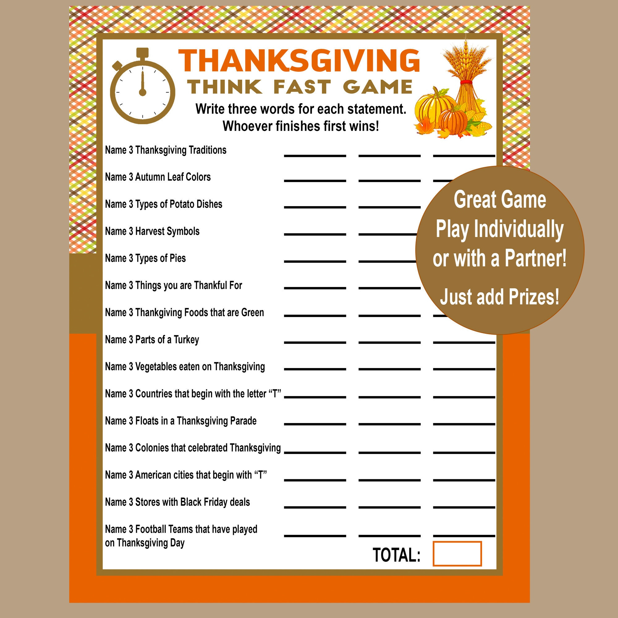 Thanksgiving Trivia Game, Think Fast Game, Thanksgiving Printable with regard to Thanksgiving Games Worksheets