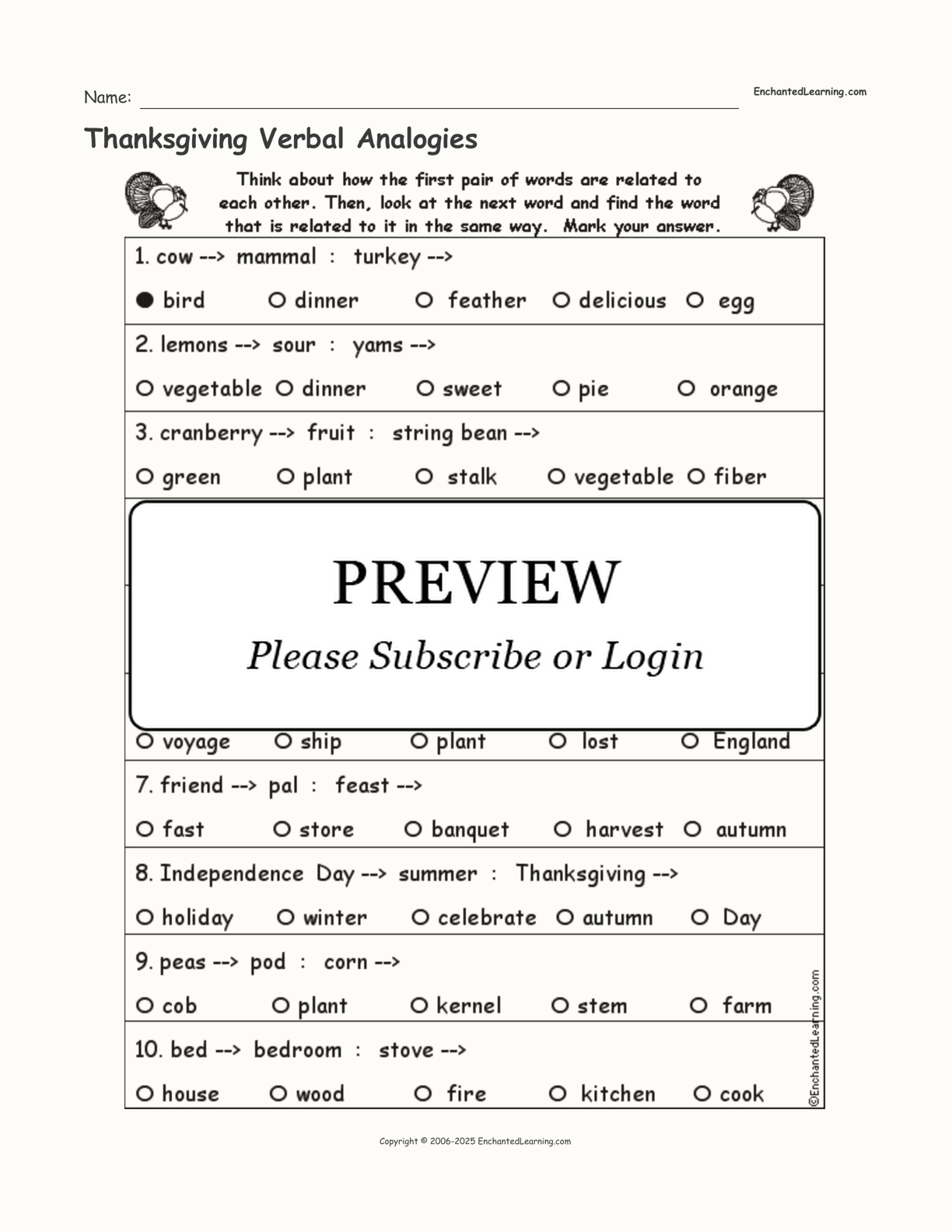 Thanksgiving Verbal Analogies - Enchanted Learning inside Thanksgiving Analogies Worksheet Answer Key