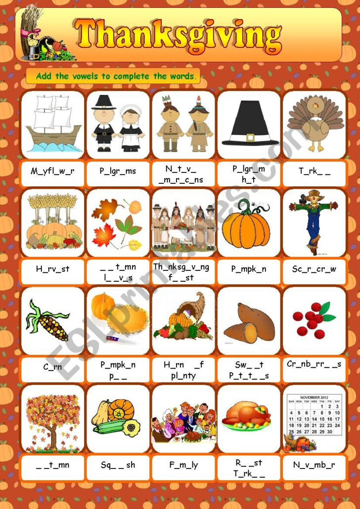 Thanksgiving Vocabulary Worksheet