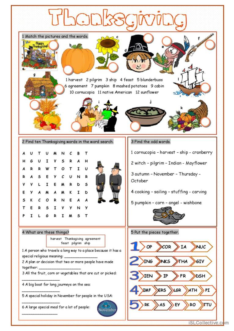 Thanksgiving Vocabulary Exercises Wo…: English Esl Worksheets Pdf with Thanksgiving on Thursday Worksheets