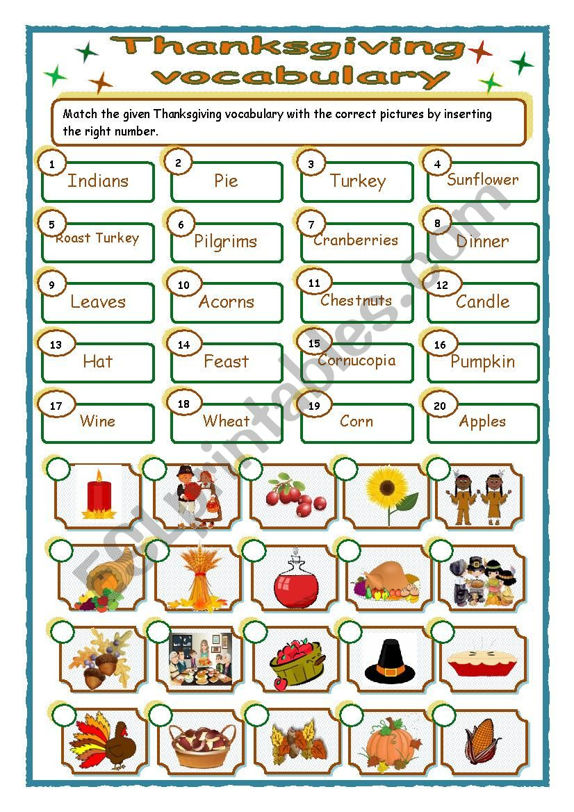 Thanksgiving - Vocabulary - Matching - Esl Worksheetmarãlia Gomes inside Thanksgiving Matching Worksheet