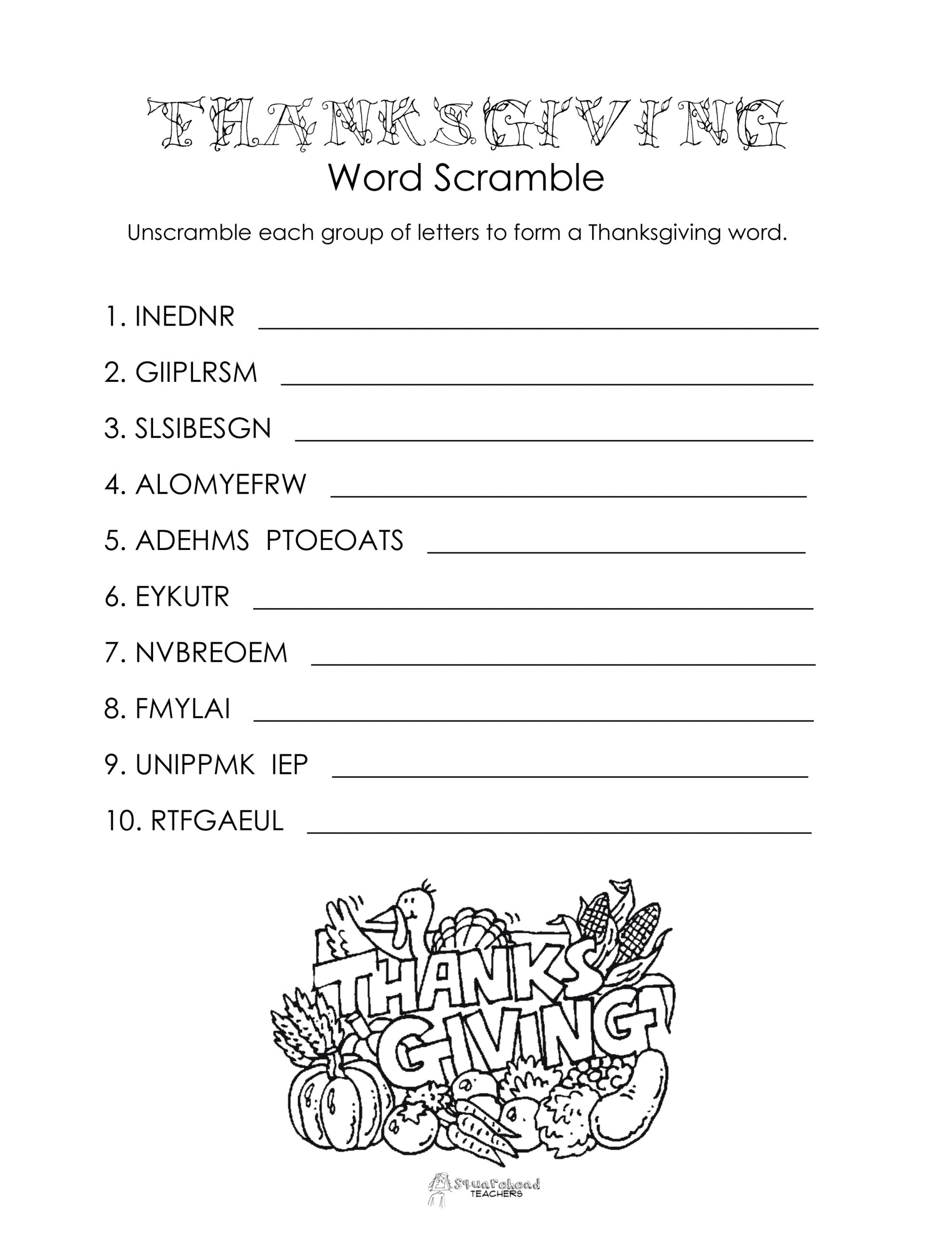 Thanksgiving Word Scramble (Free Worksheet) | Squarehead Teachers pertaining to Unscramble Thanksgiving Words Worksheet