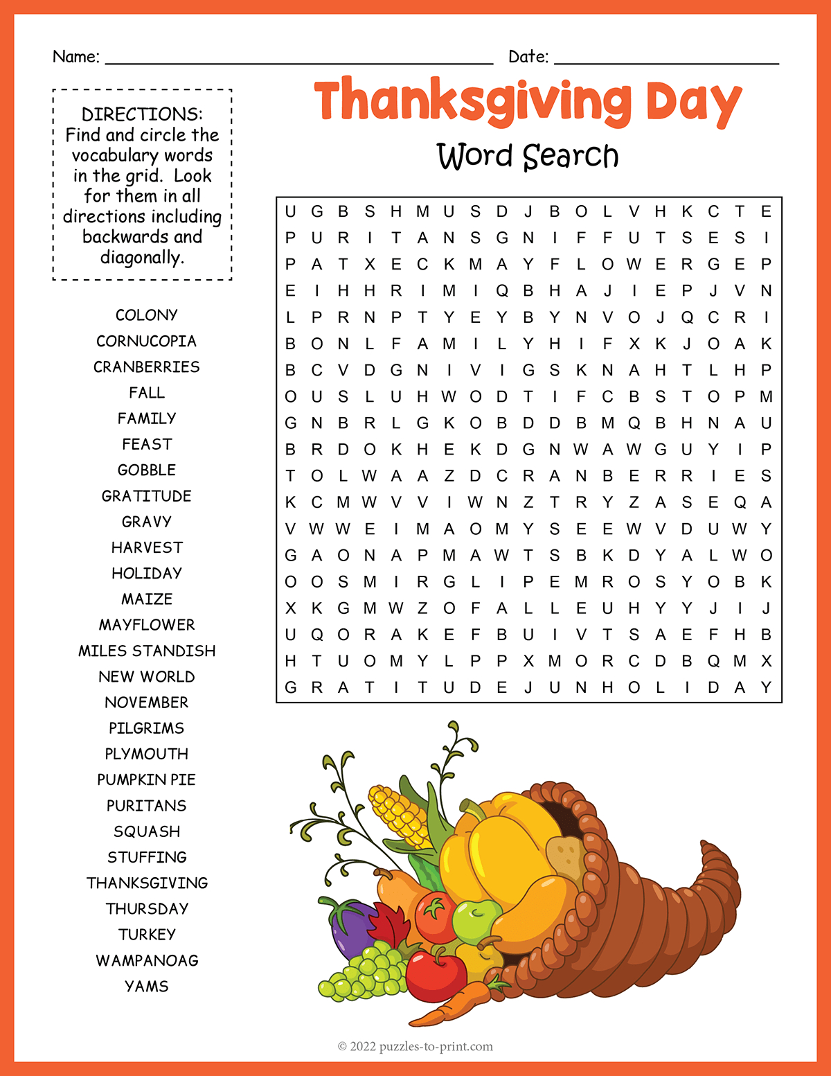 Thanksgiving Word Search pertaining to Thanksgiving Puzzle Worksheets