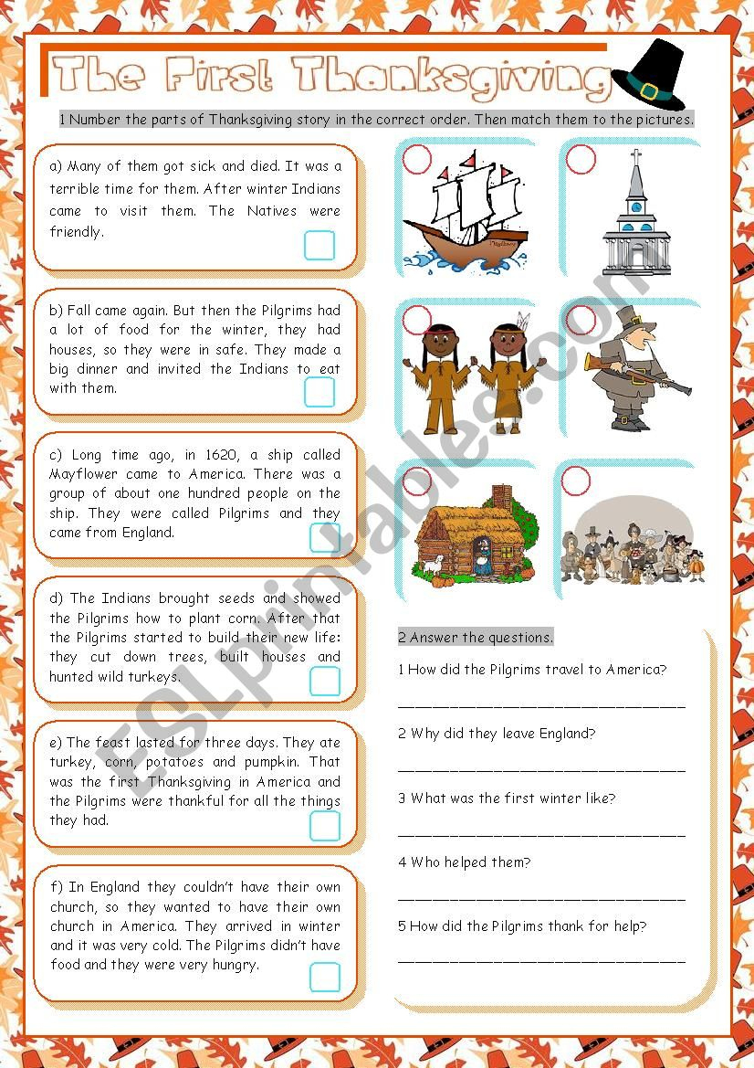 The First Thanksgiving - Esl Worksheetkissnetothedit pertaining to First Thanksgiving Worksheets