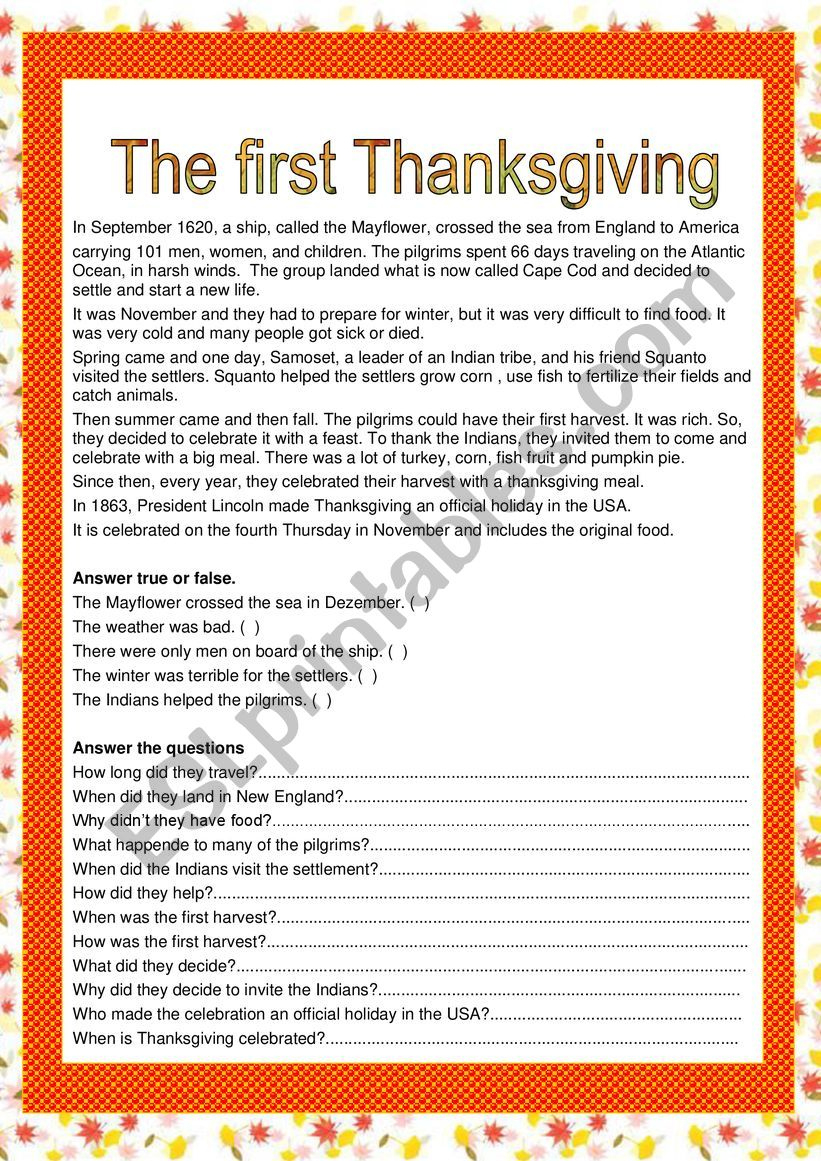 The First Thanksgiving - Esl Worksheets.lefevre with regard to The First Thanksgiving Worksheet Answers