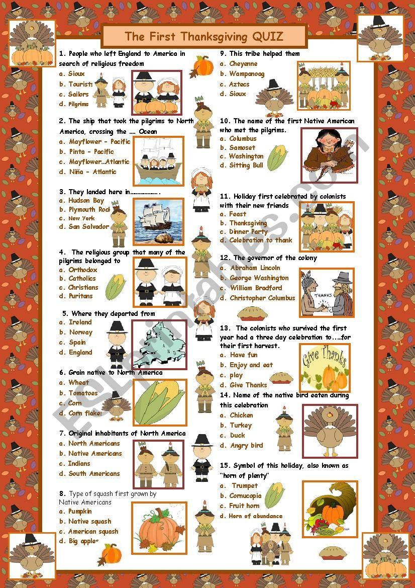 The First Thanksgiving Quiz (With Answers) - Esl Worksheetmaguyre within Thanksgiving Worksheet Answers