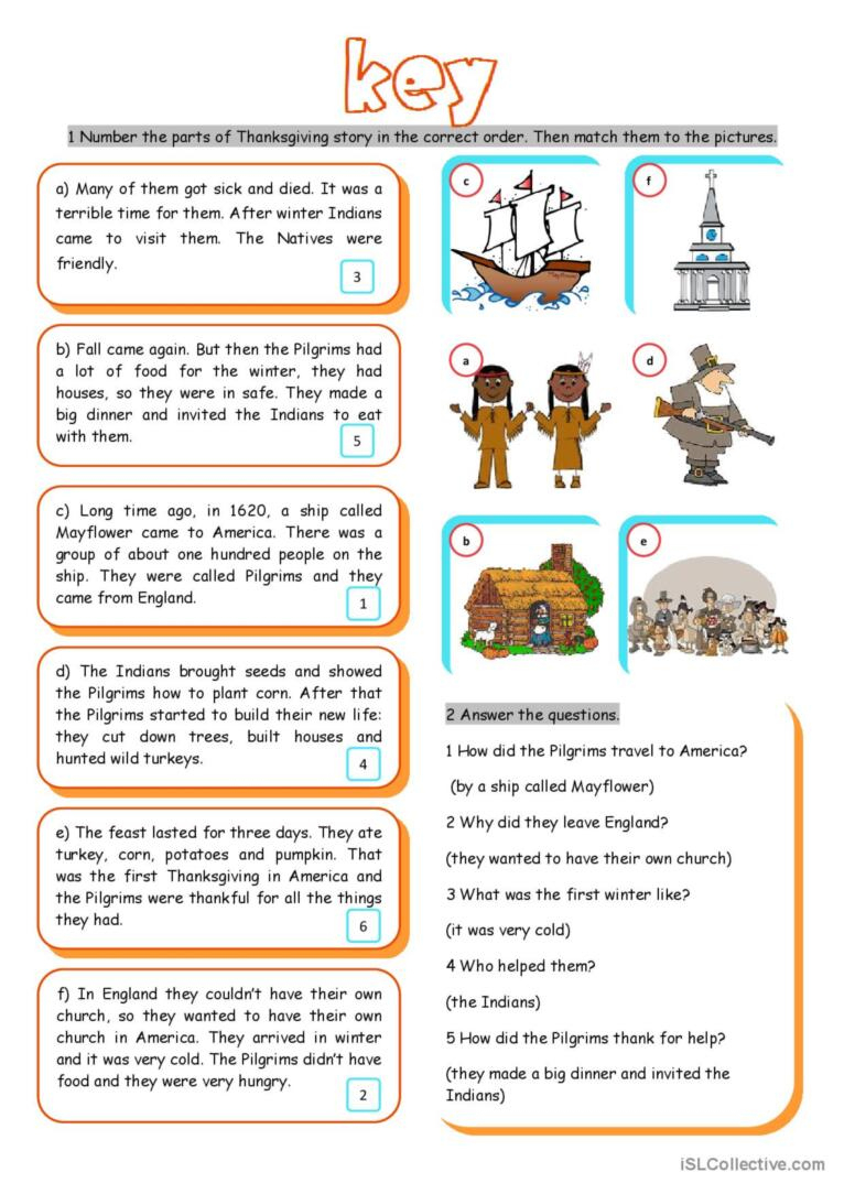 The First Thanksgiving Reading For D…: English Esl Worksheets Pdf pertaining to First Thanksgiving Reading Comprehension Worksheet