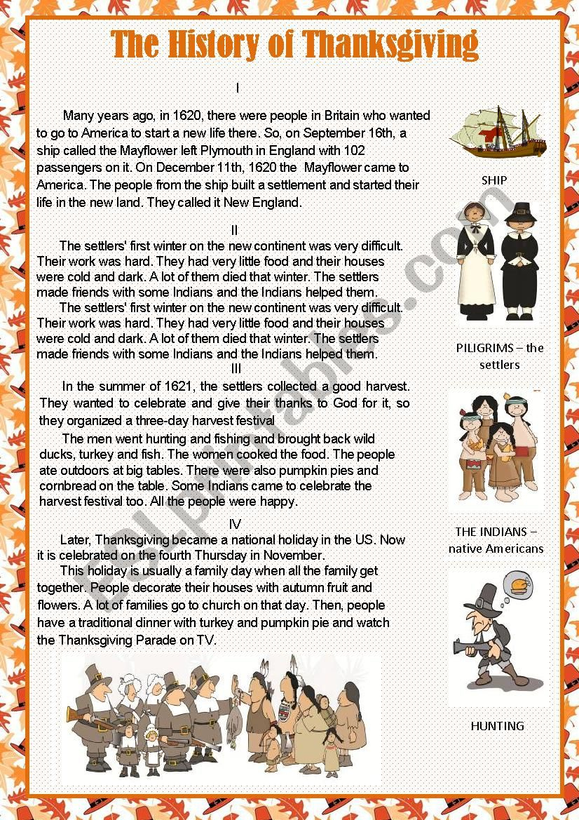The History Of Thanksgiving - Esl Worksheetlediti in History of Thanksgiving Reading Comprehension Worksheets
