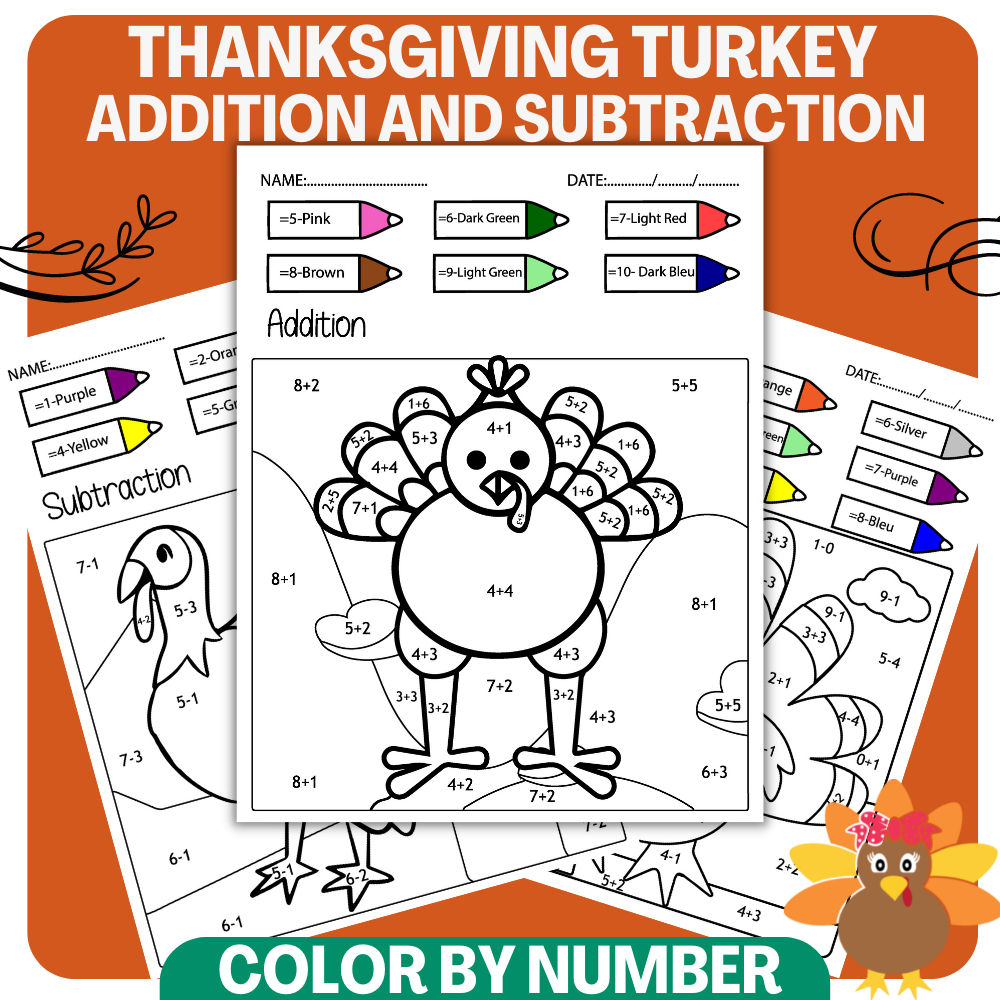 Turkey Math Thanksgiving Colornumber Thanksgiving Math with regard to Thanksgiving Addition and Subtraction Worksheets