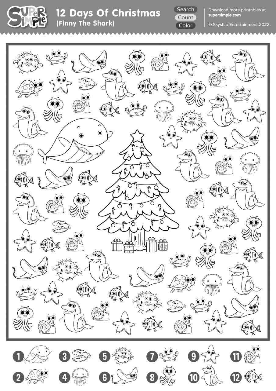 12 Days Of Christmas (Finny The Shark) - Search, Count, &amp;amp; Color for The Twelve Days of Christmas Worksheets