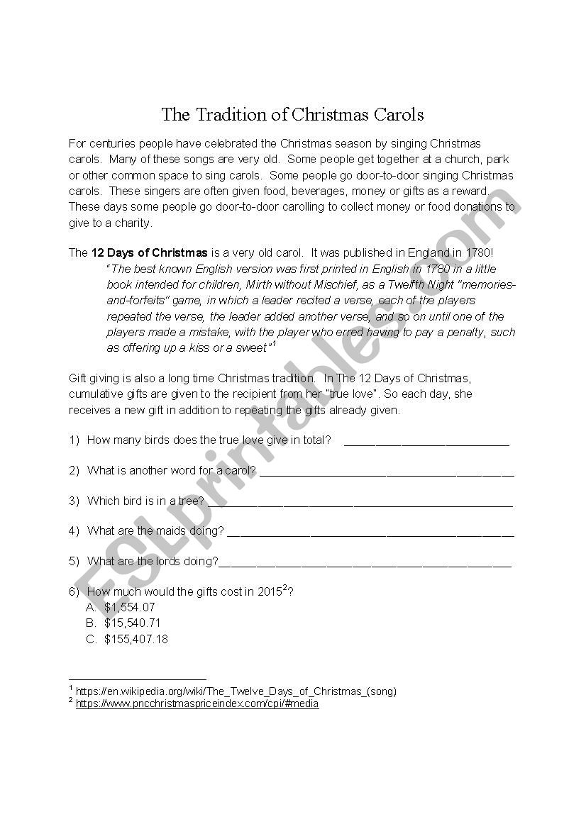 12 Days Of Christmas (History And Worksheet) - Esl Worksheet inside 12 Days Of Christmas Cost Worksheets
