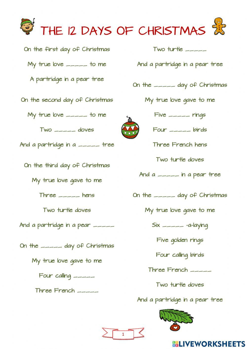 12 Days Of Christmas Worksheet - Worksheets Library with regard to 12 Days Of Christmas Worksheets