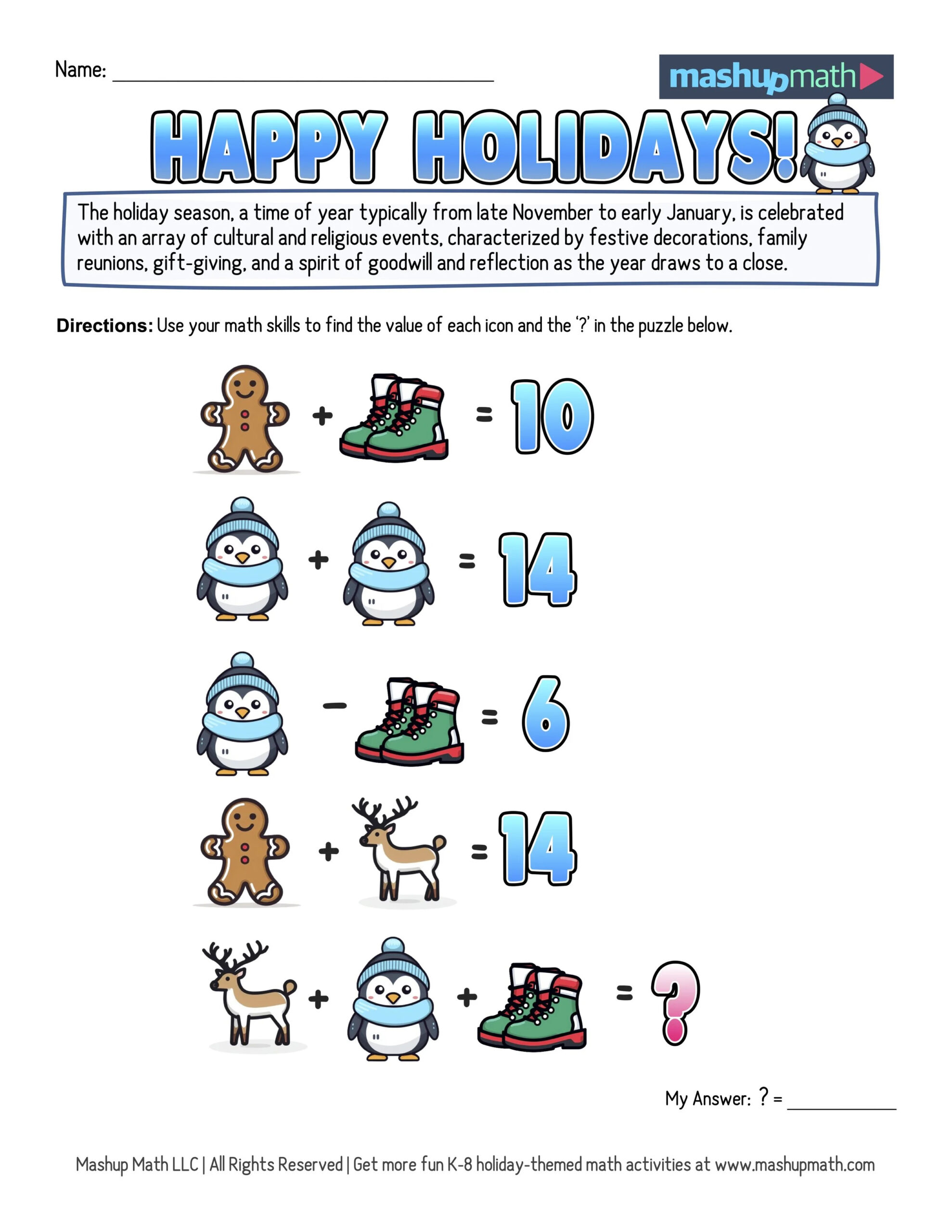 12 Days Of Holiday Math Puzzles—Printable K-8 Worksheets — Mashup Math pertaining to 12 Days Of Christmas Math Worksheets Answers