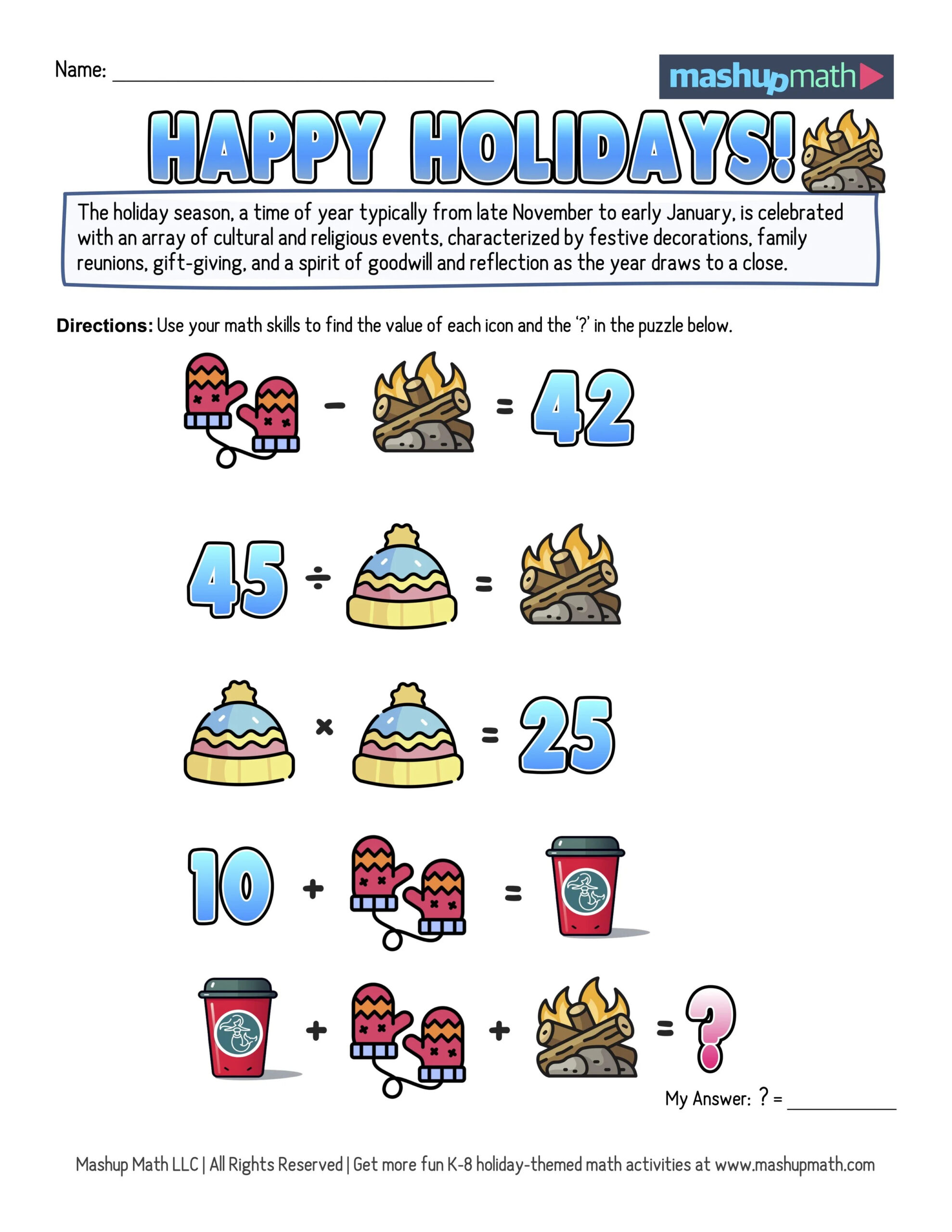 12 Days Of Holiday Math Puzzles—Printable K-8 Worksheets — Mashup Math throughout 12 Days Of Christmas Math Worksheets Answers