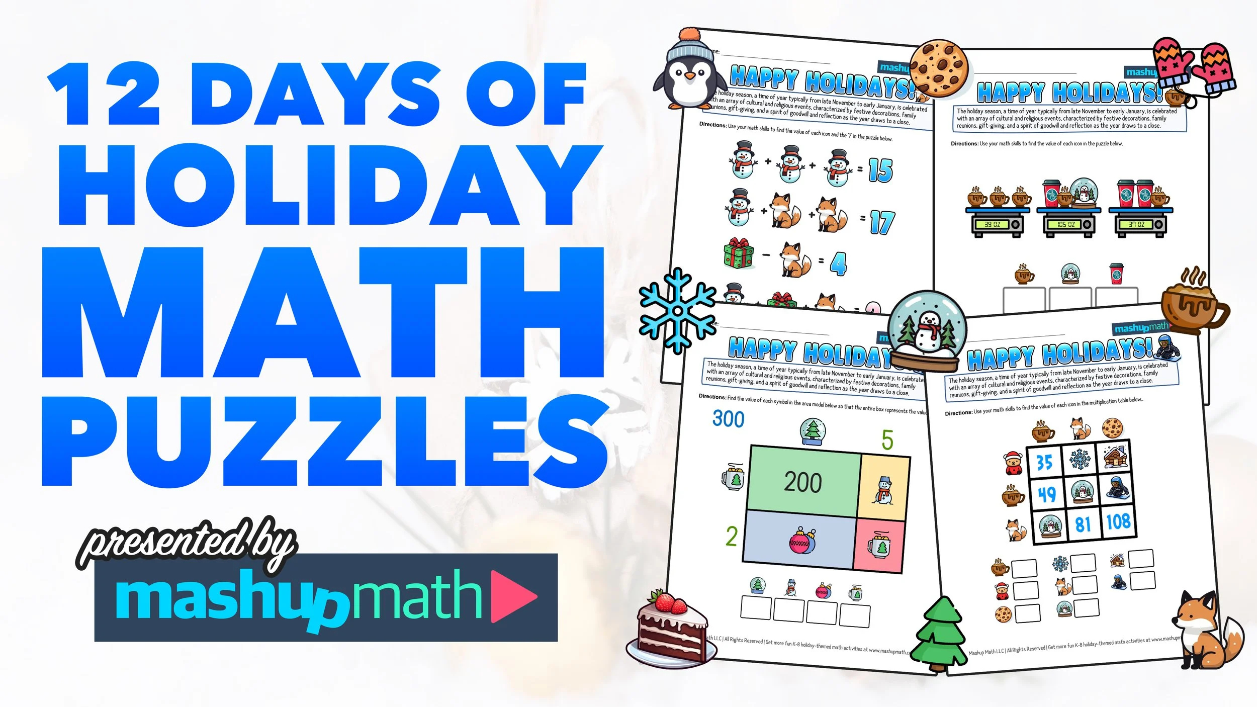 12 Days Of Holiday Math Puzzles—Printable K-8 Worksheets — Mashup Math throughout 12 Days of Christmas Math Worksheets Answers