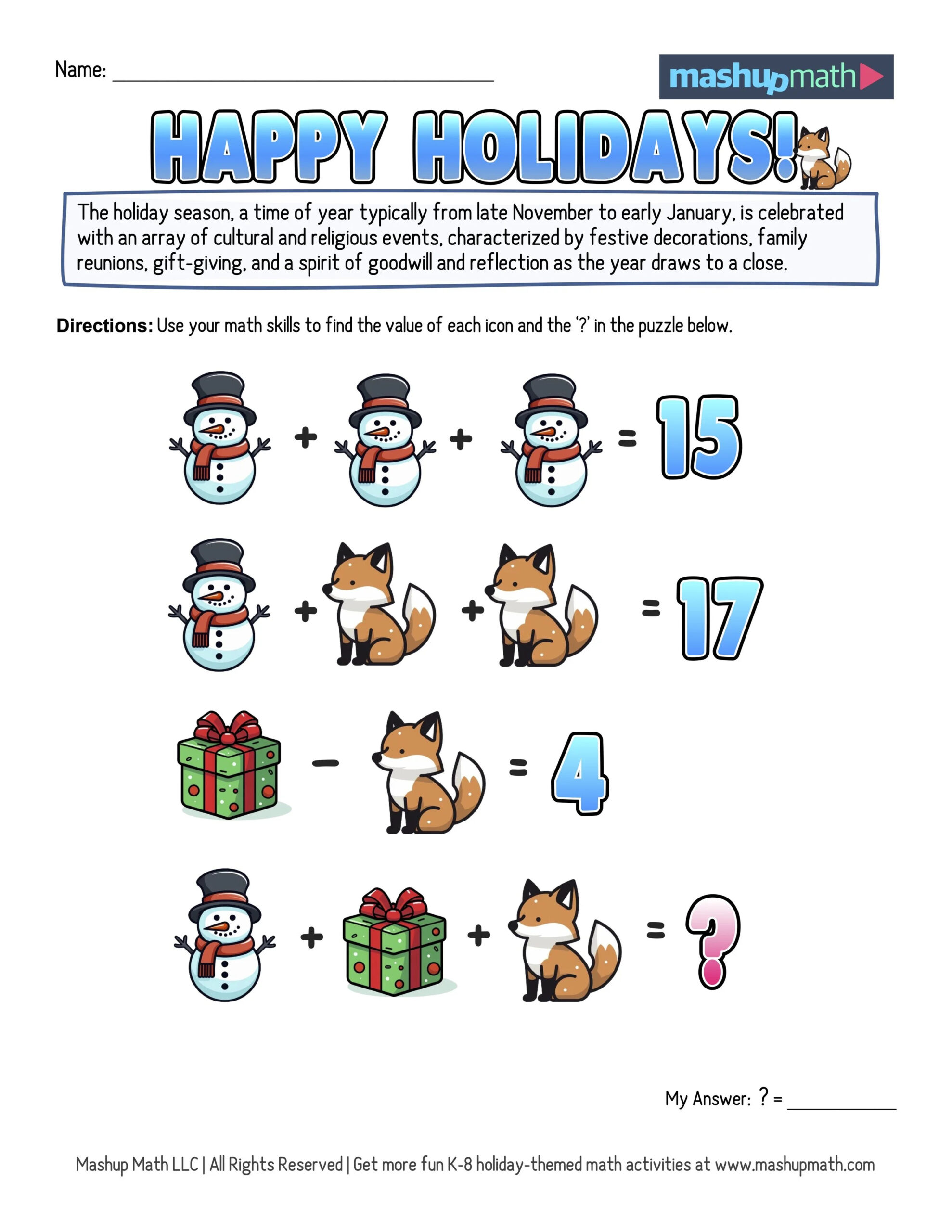 12 Days Of Holiday Math Puzzles—Printable K-8 Worksheets — Mashup Math with 12 Days Of Christmas Math Worksheets Answers