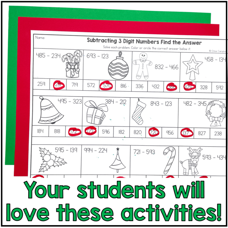 Subtraction with Regrouping Christmas Worksheets
