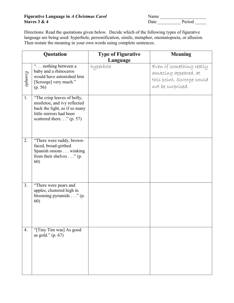 A Christmas Carol: Figurative Language Worksheet intended for A Christmas Carol Figurative Language Worksheets Answers