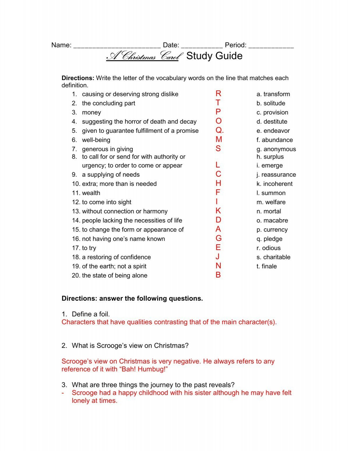 A Christmas Carol Study Guide - Answer Key throughout A Christmas Carol Worksheets Answer Key