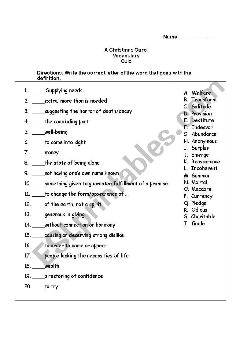 A Christmas Carolcharles Dickens Vocabulary Quiz - Esl within A Christmas Carol Vocabulary Worksheets