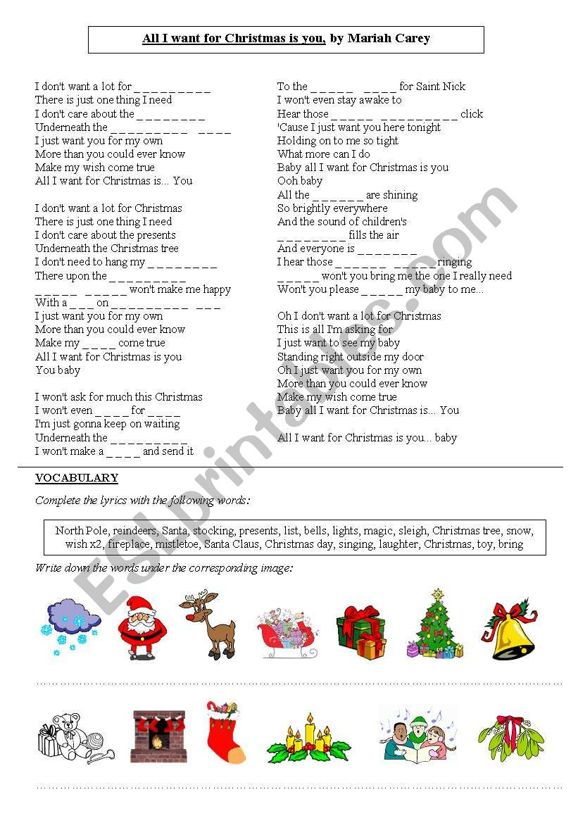 All I Want For Christmas Is You, Mariah Carey - Esl Worksheet pertaining to All I Want For Christmas Worksheets