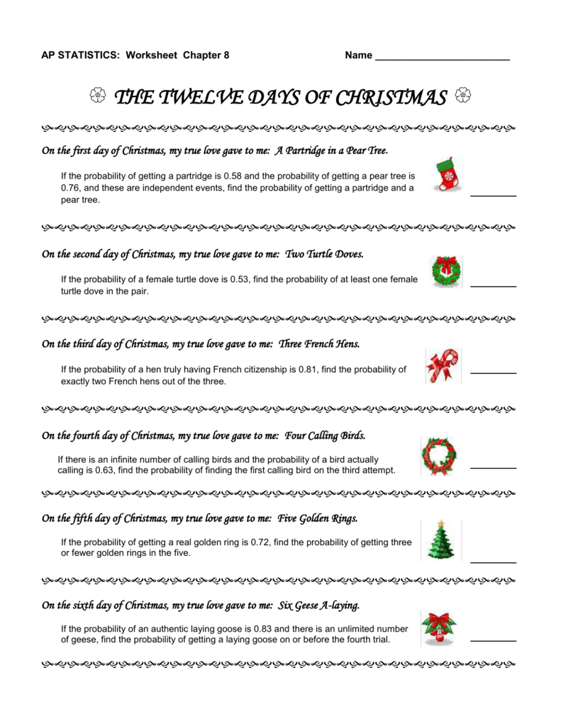 Ap Statistics Worksheet: Twelve Days Of Christmas Probability with 12 Days Of Christmas Statistics Worksheets