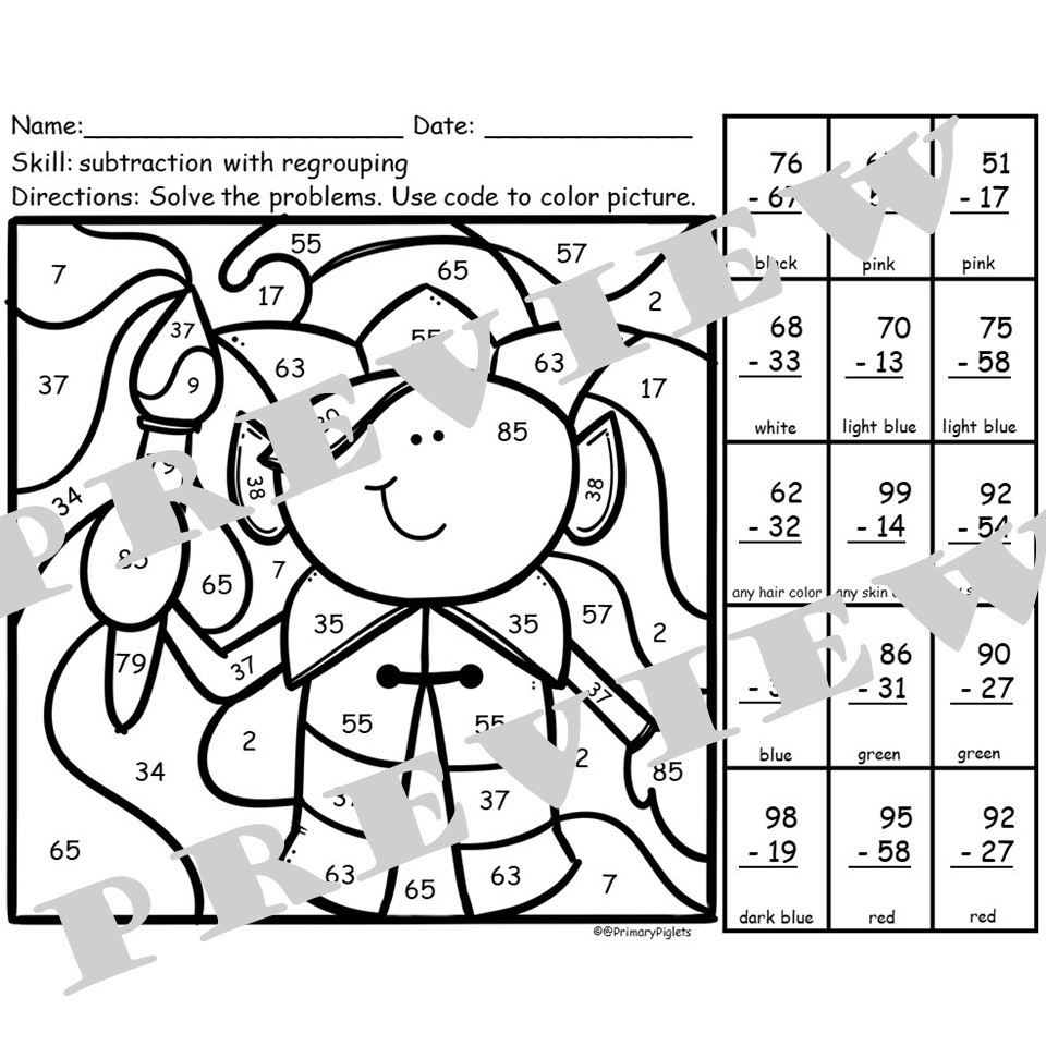 Christmas 2-Digit Subtraction With Regrouping Colornumber Code intended for Subtraction With Regrouping Christmas Worksheets